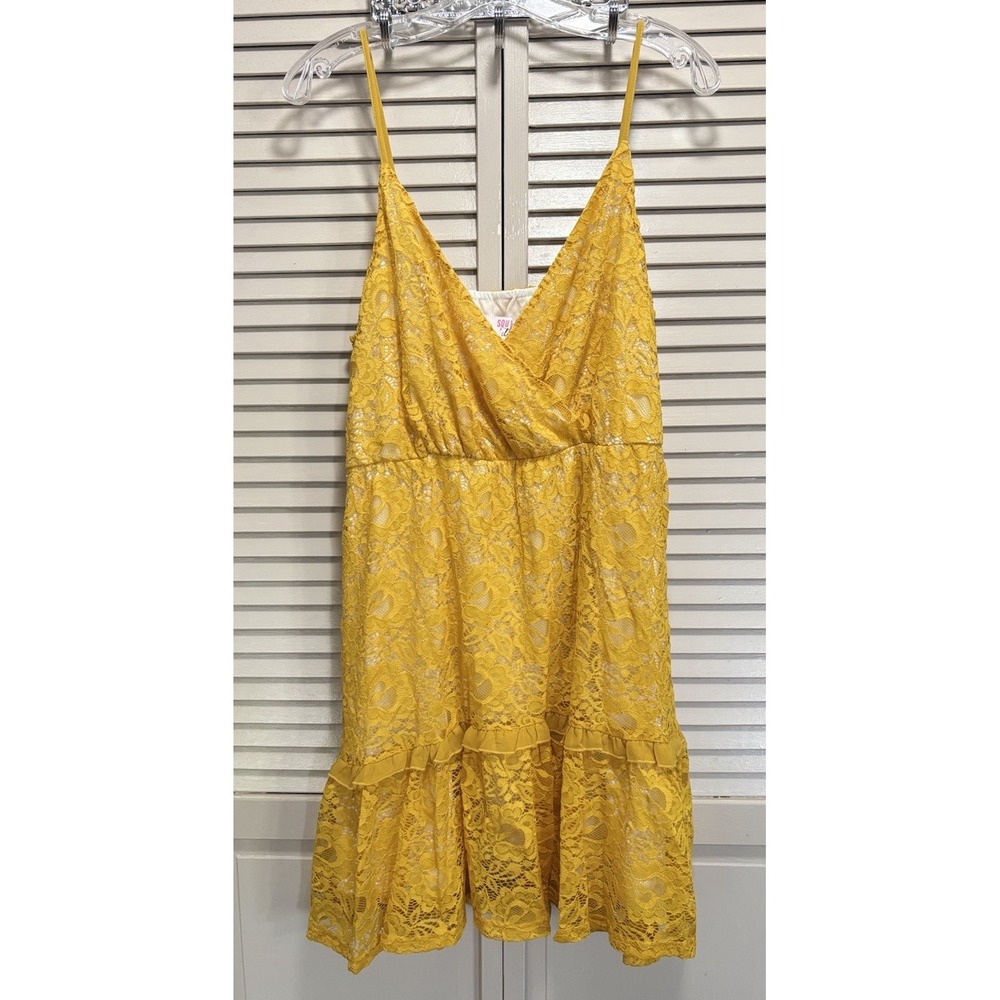 Southern Fried Chics Floral Lace Dress Mustard Lined Size 2XL Faux Wrap Ruffle
